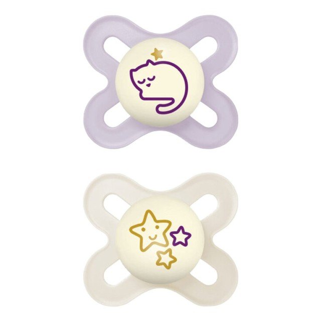 Mam Original Start Night Πιπίλα Σιλικόνης που Λάμπει στο Σκοτάδι Λιλά & Κρεμ 0-2m, 2τμχ