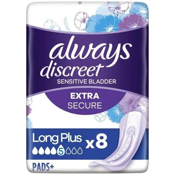 Always Discreet Pads Long Plus Size 5 8 pieces, Σερβιέτες για την Ακράτεια Μέγεθος 5 8 τεμάχια