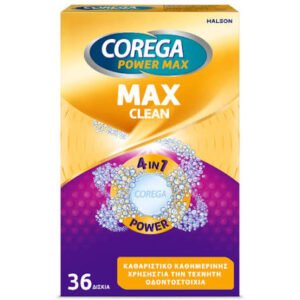 Corega Power Max Clean 4in7 Καθαριστικά Δισκία για Τεχνητές Οδοντοστοιχίες με Περισσότερο Ενεργό Οξυγόνο, 36tabs